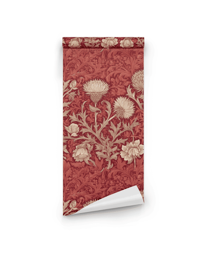 The Crimson Elegance Wallpaper features a crimson backdrop with beige thistles and leafy floral patterns, shown partially unrolled on a white surface.
