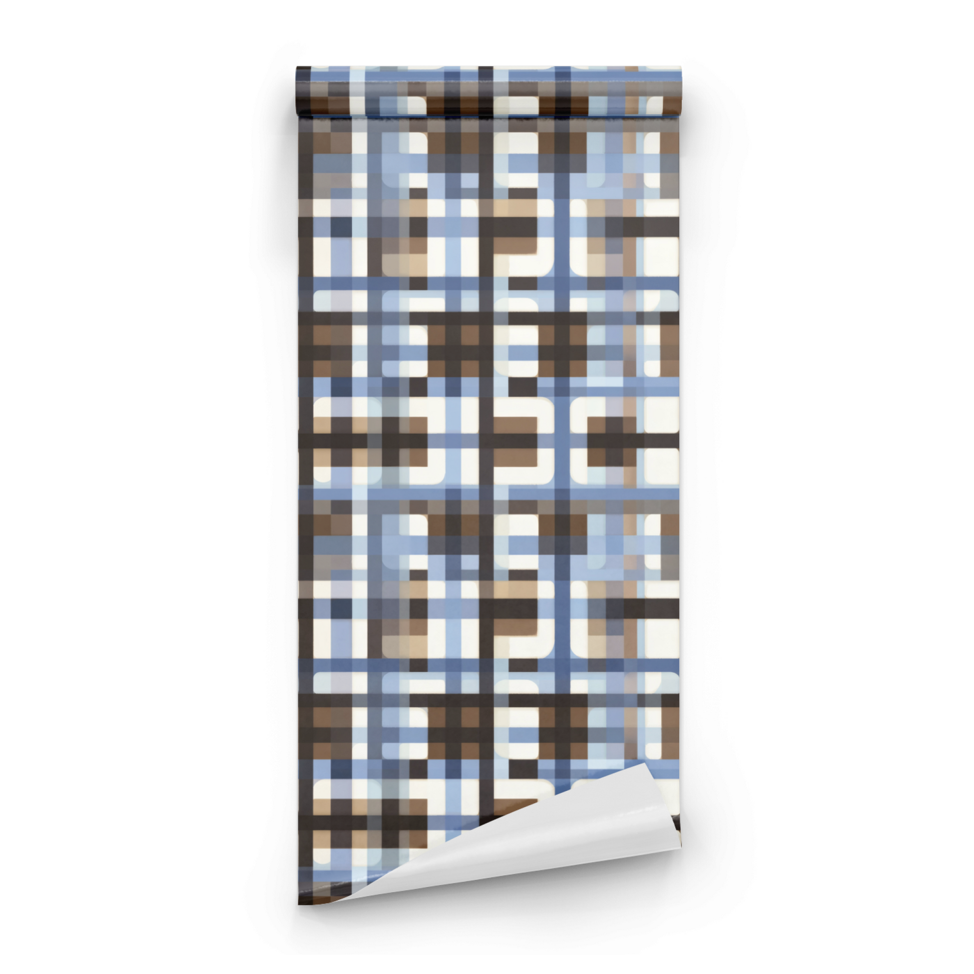 Blue Geometric Wallpaper roll close-up showing the checkerboard plaid pattern in close Mid-Century Modern indigo detail