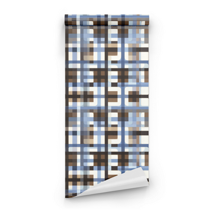 Blue Geometric Wallpaper roll close-up showing the checkerboard plaid pattern in close Mid-Century Modern indigo detail