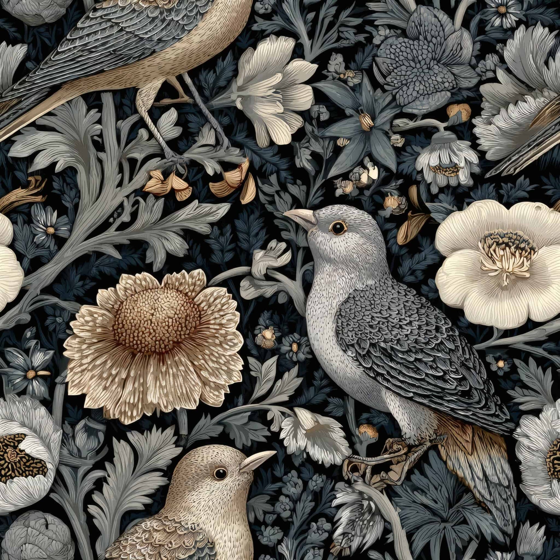 Wallpaper with detailed birds and floral pattern in earthy tones on a dark background.