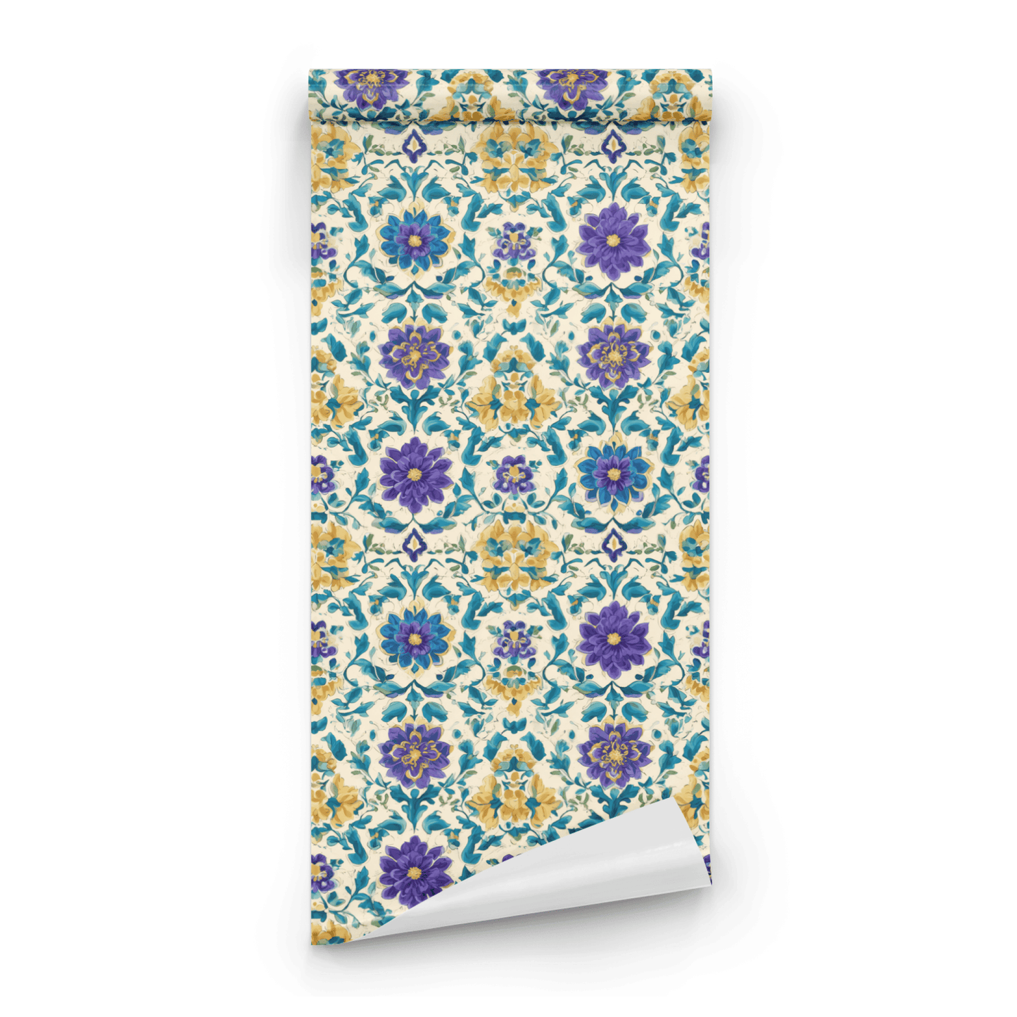 Cream Floral Wallpaper roll close-up showing the dahlia flower drawing in the cream cerulean Arts and Crafts Victorian palette