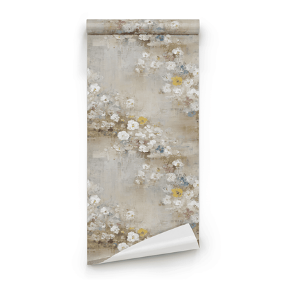 Neutral Floral Wallpaper roll close-up showing the watercolor blossom drawing and the soft cream ground in close detail
