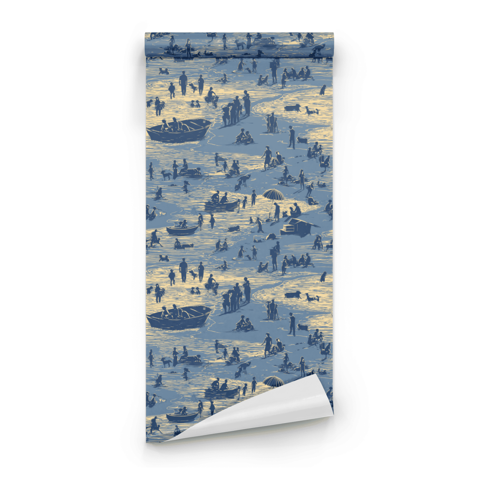 Cream Toile Wallpaper roll close-up showing the lakeside scenic detail in close indigo-and-cream toile line work