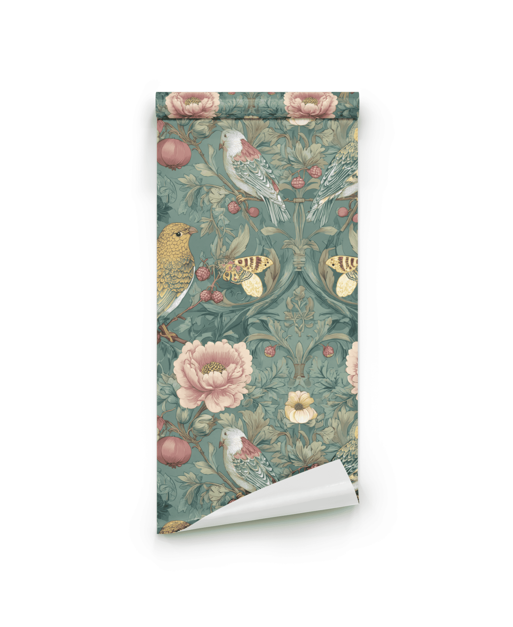 The Verde Aviary Wallpaper is a rolled sheet featuring a botanical design with floral, vibrant birds, and insect patterns in muted green, pink, yellow, and cream on a white background.