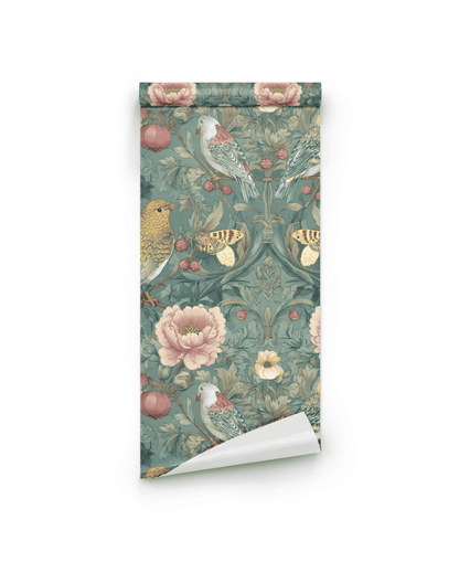 The Verde Aviary Wallpaper is a rolled sheet featuring a botanical design with floral, vibrant birds, and insect patterns in muted green, pink, yellow, and cream on a white background.