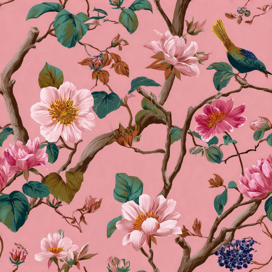 Wallpaper with delicate floral patterns and vibrant birds on a pink background.