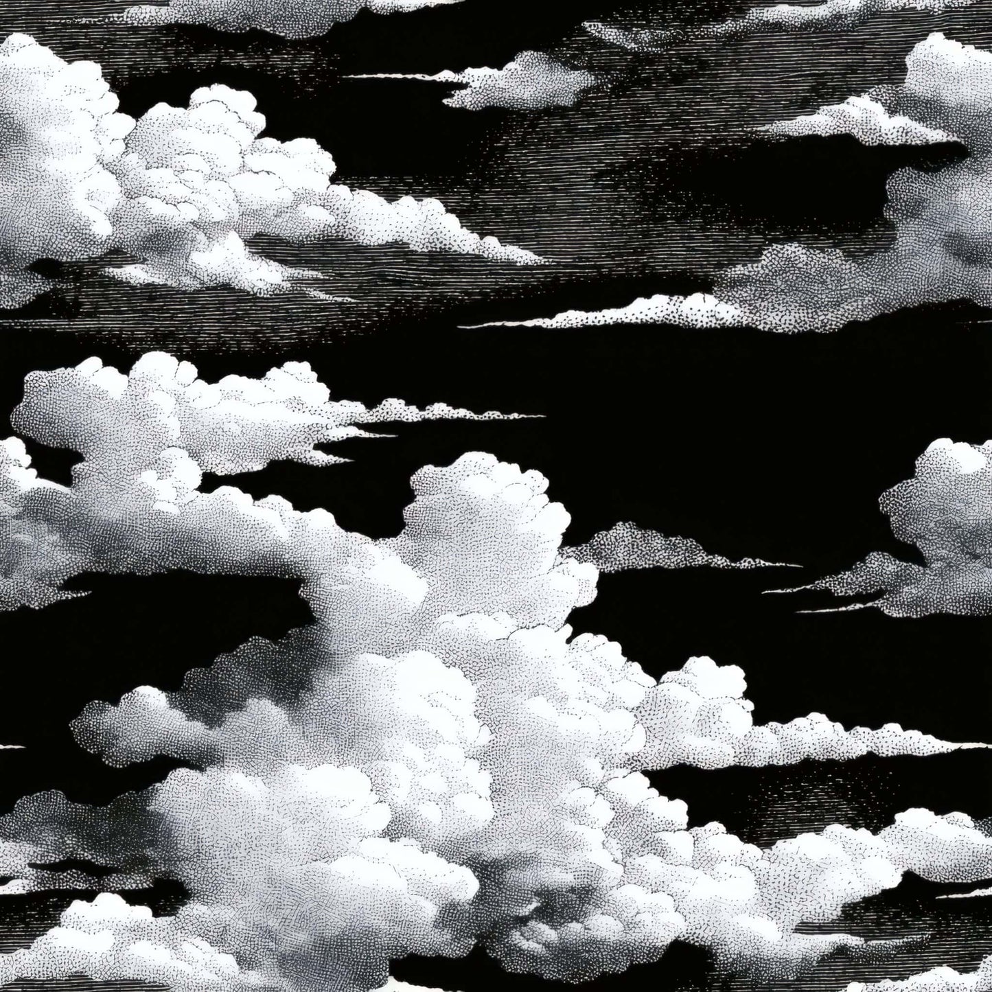 Wallpaper with artistic clouds on a black background in monochrome tones.