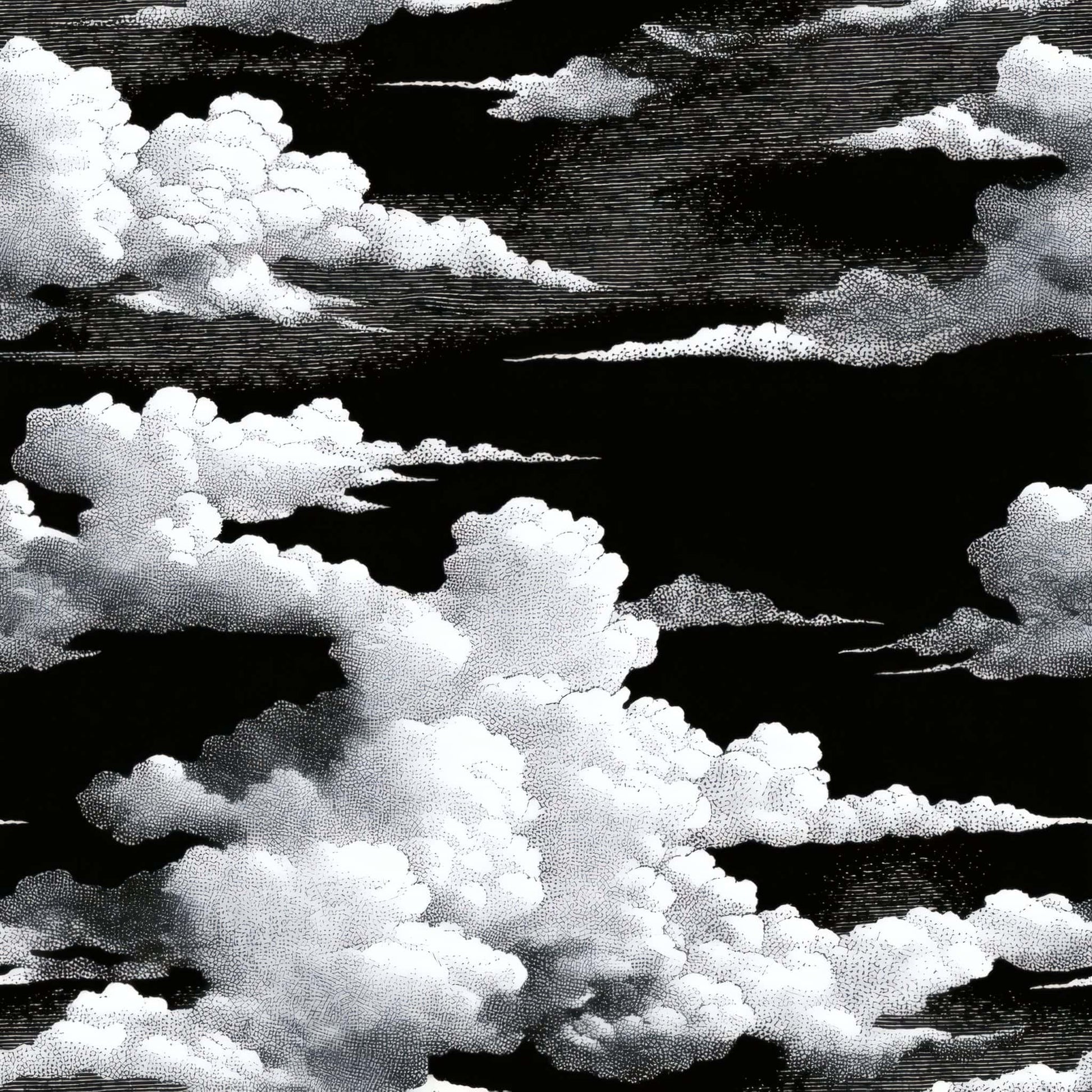 Wallpaper with artistic clouds on a black background in monochrome tones.