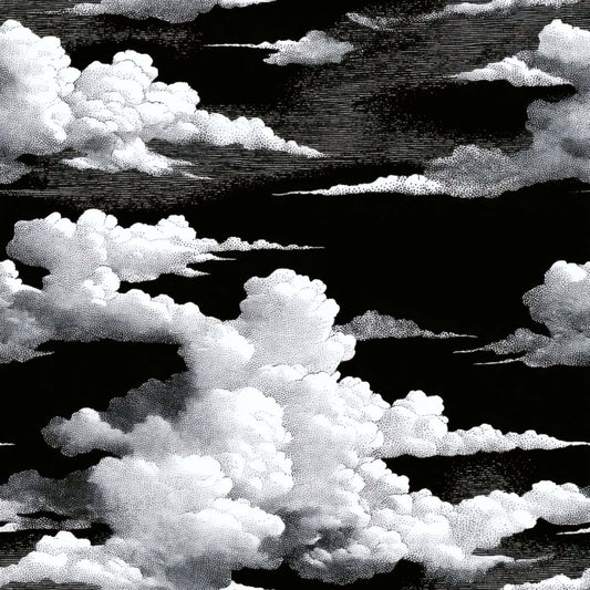 Wallpaper with artistic clouds on a black background in monochrome tones.