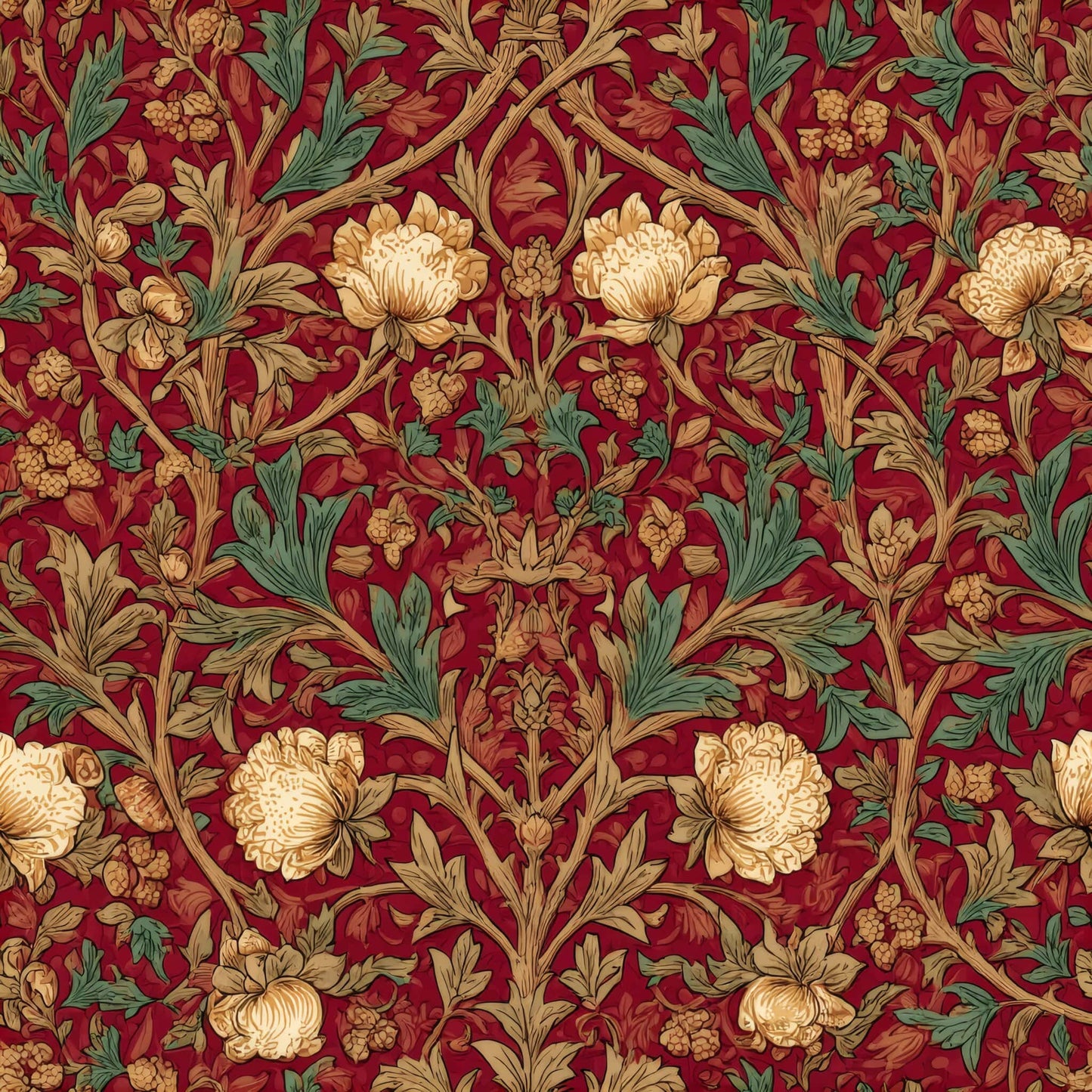 Wallpaper with intricate floral patterns in yellow, green, and red hues.