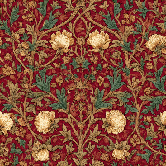 Wallpaper with intricate floral patterns in yellow, green, and red hues.