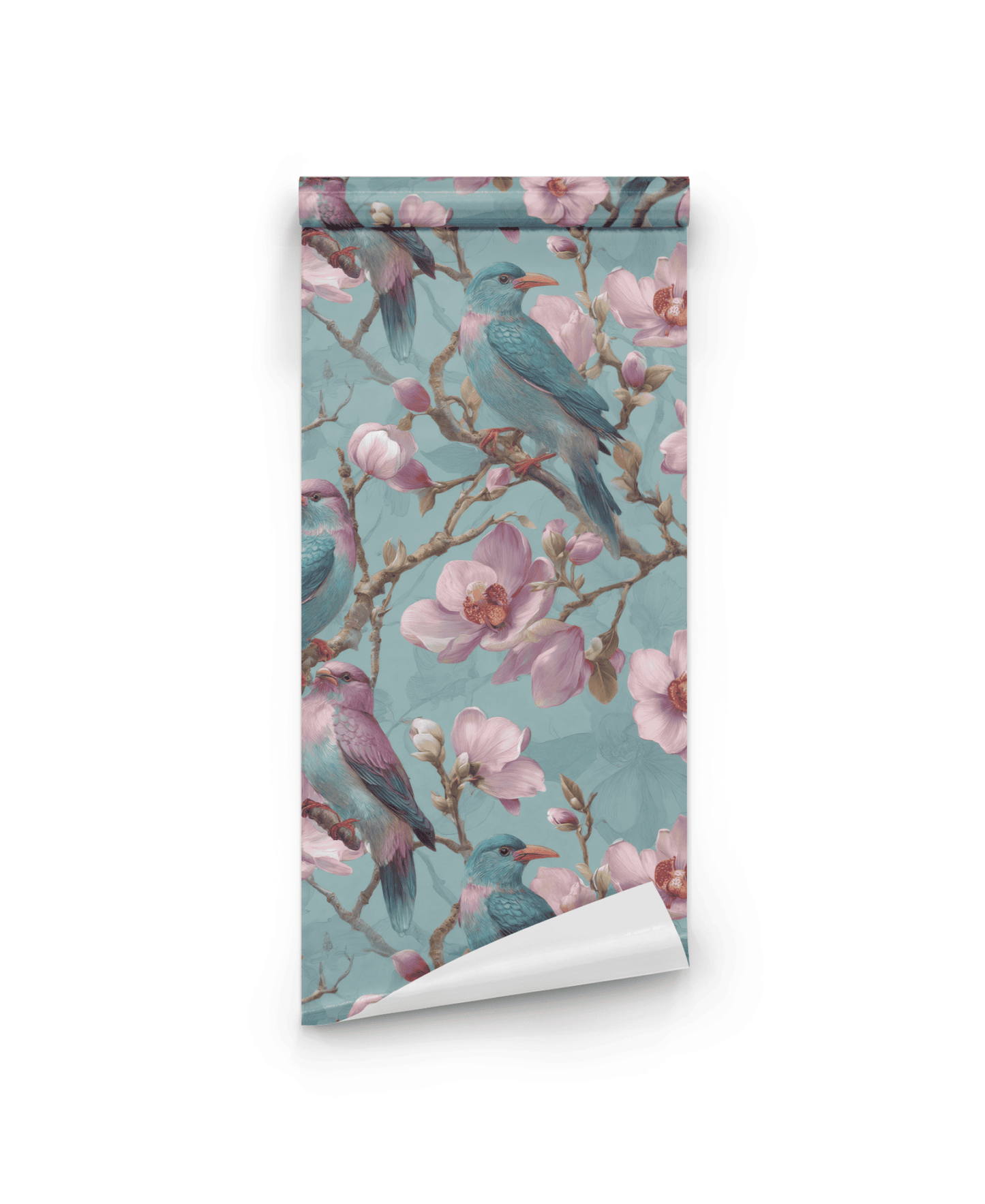 Blossom Aviary Wallpaper features vivid blue and pink birds perched on magnolia branches, set against a muted teal background.