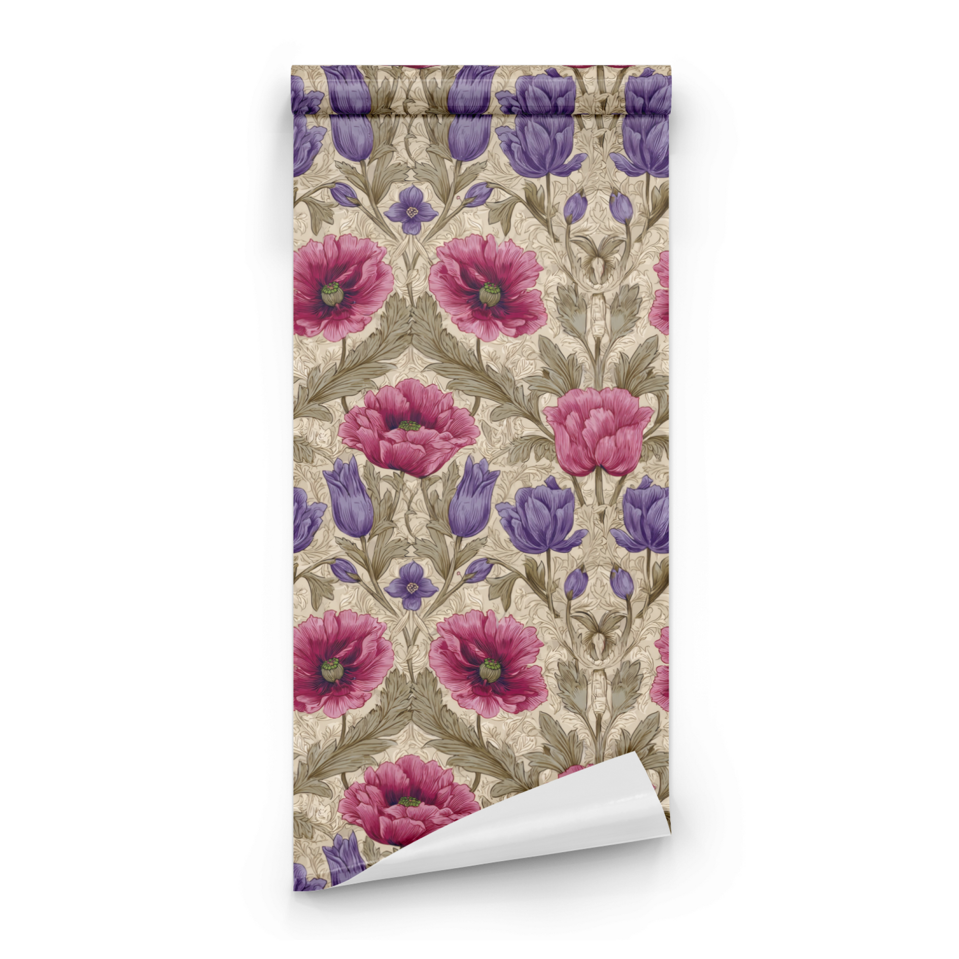 Cream Floral Wallpaper roll preview showing the snakeshead fritillary drawing in close cream rosy detail