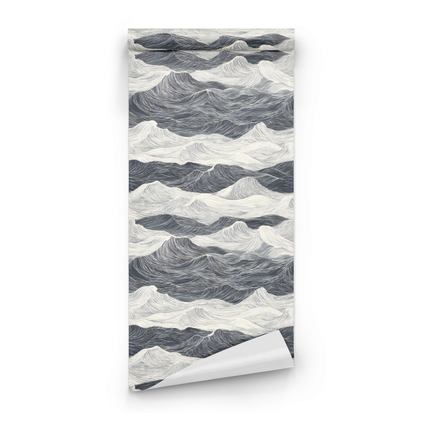 Grey Abstract Wallpaper roll close-up showing the ocean swell drawing in close grey inky line detail