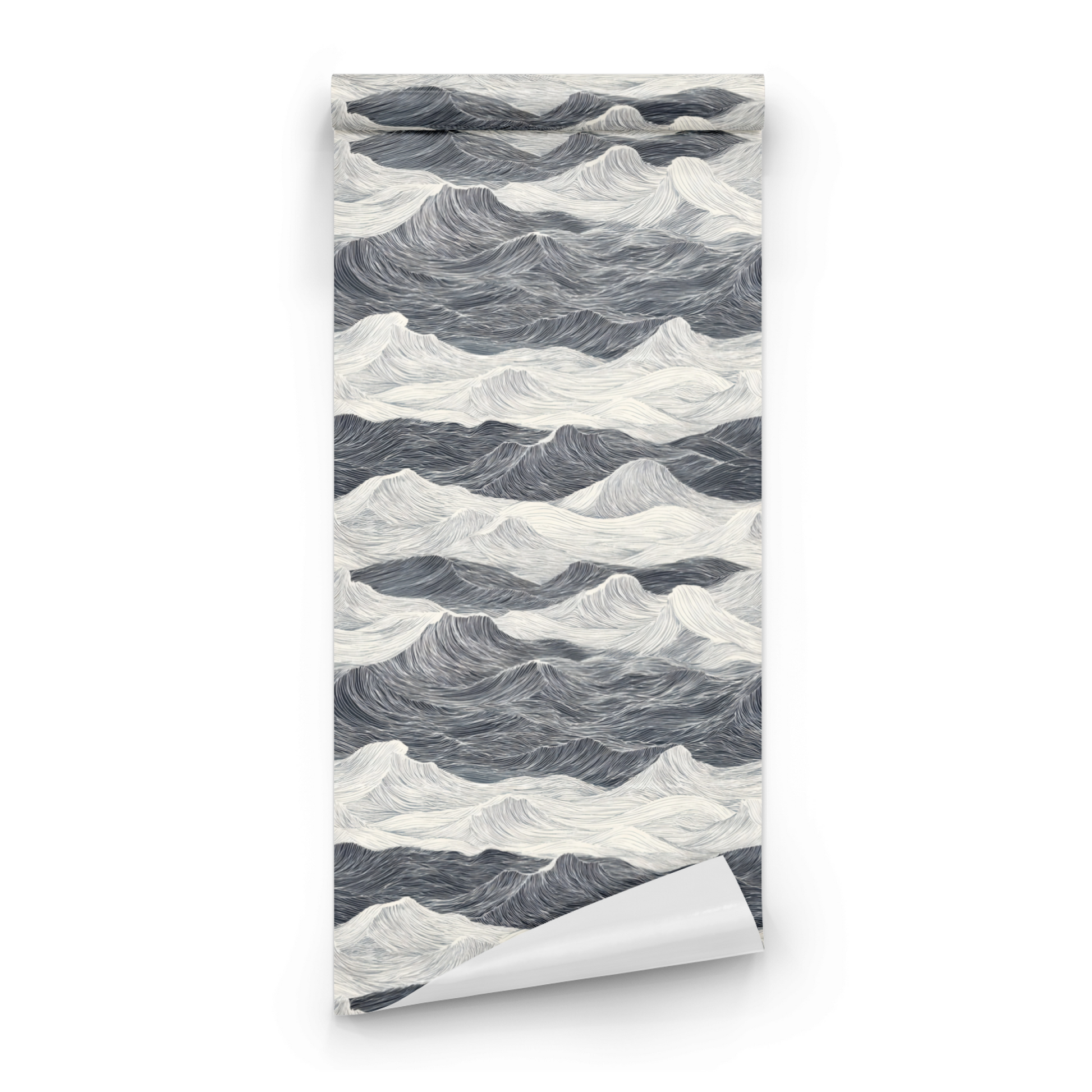 Grey Abstract Wallpaper roll close-up showing the ocean swell drawing in close grey inky line detail