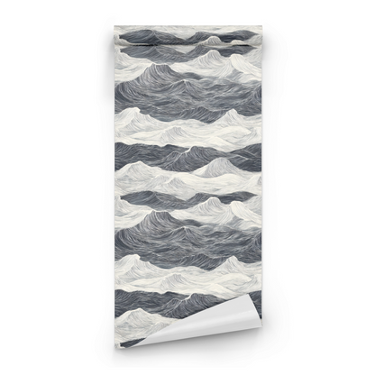 Grey Abstract Wallpaper roll close-up showing the ocean swell drawing in close grey inky line detail