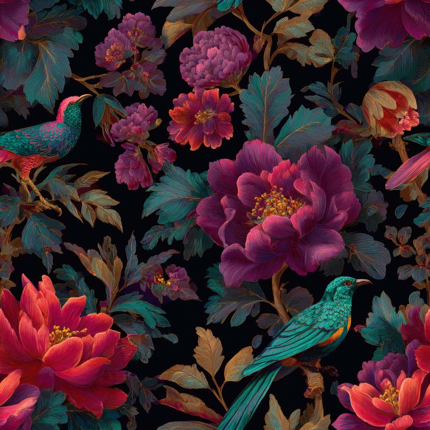 Wallpaper with vibrant florals and exotic birds on a deep backdrop.