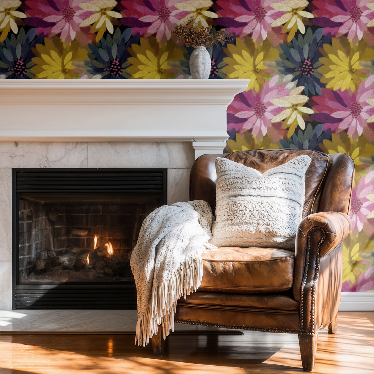 Dahlia Crush large scale wallpaper in a styled room
