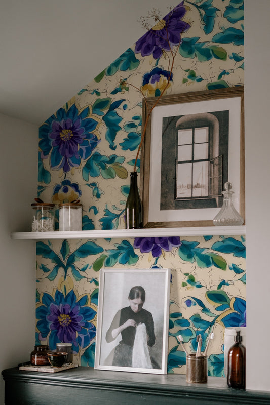 Dahlia Scroll large scale wallpaper in a styled room