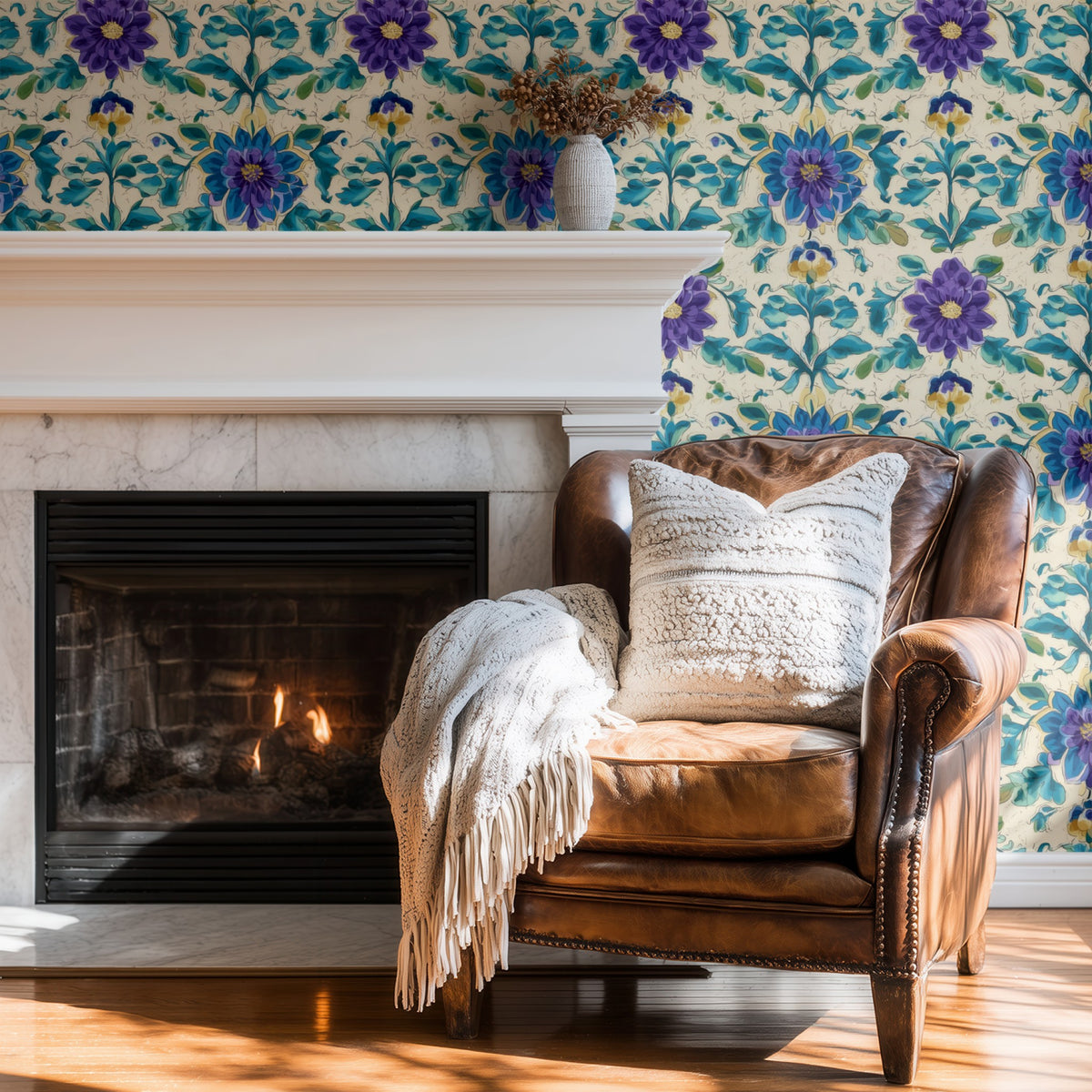 Dahlia Scroll large scale wallpaper in a styled room