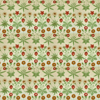 Rows of small red and gold daisies and green tufts on a cream ground, a William Morris design.