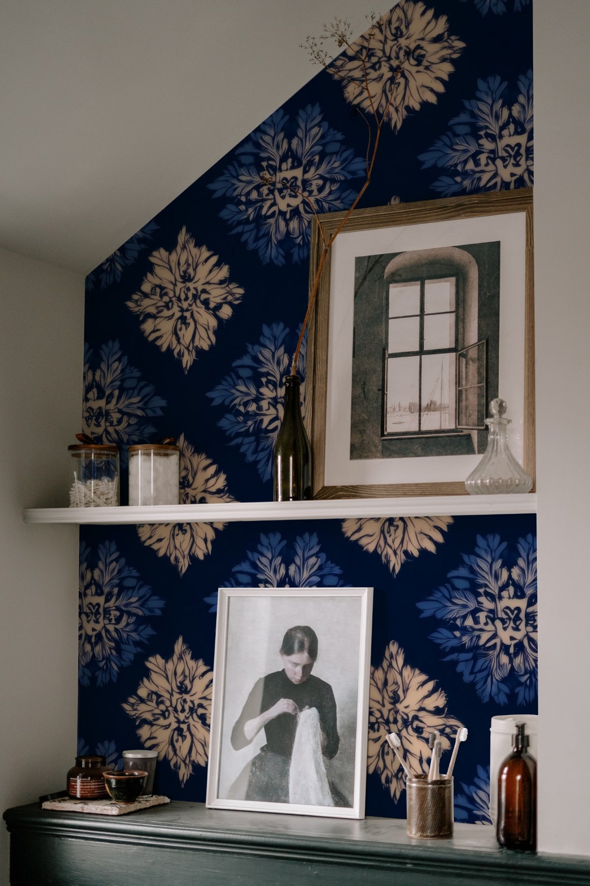 Damask Bloom large scale wallpaper in a styled room