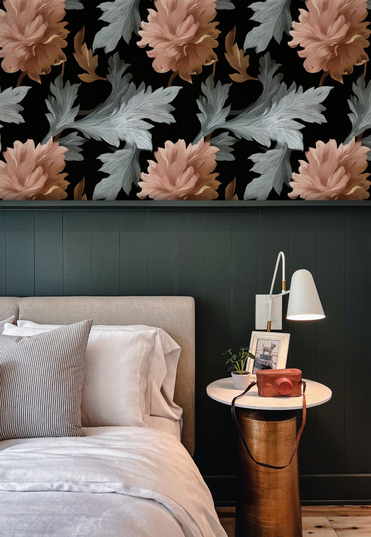 Dark Peonies large scale wallpaper in a styled room