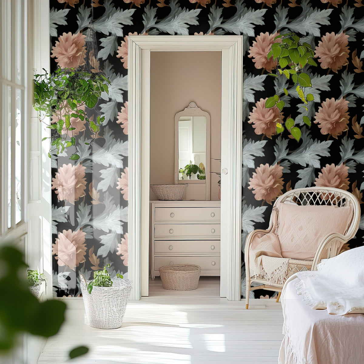 Dark Peonies large scale wallpaper in a styled room