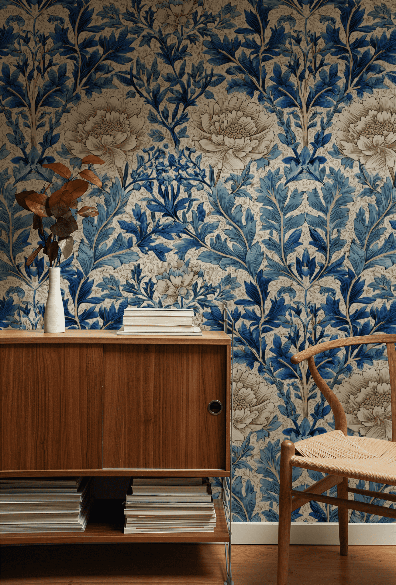 A wooden sideboard with stacked books and a vase of dried leaves sits before Azure Blossom Wallpaper, where blue and beige botanical motifs add timeless beauty. A wooden chair stands next to the sideboard on the wood floor.