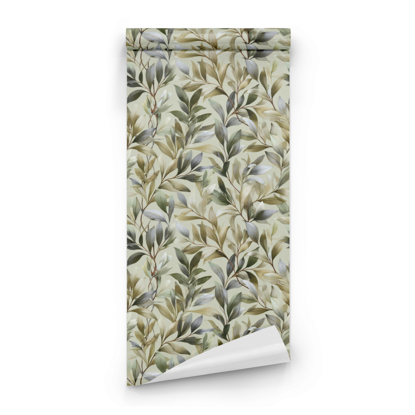 Green Botanical Wallpaper roll preview showing the foliage drawing in close olive green Arts and Crafts detail