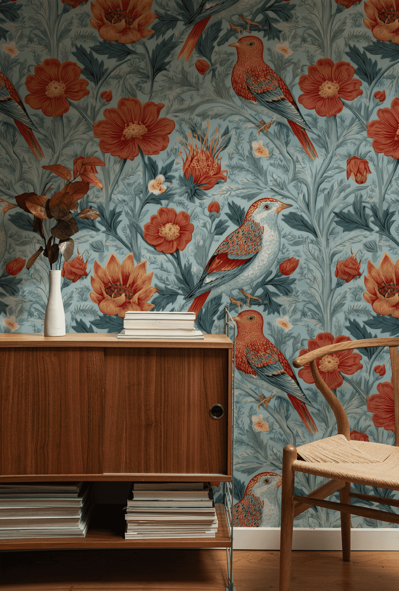 A wooden sideboard and woven chair sit in front of Sienna Songbird Wallpaper, which features blue florals, red birds, and botanical blooms. A white vase with dried leaves and stacked magazines complete the nature-inspired decor.