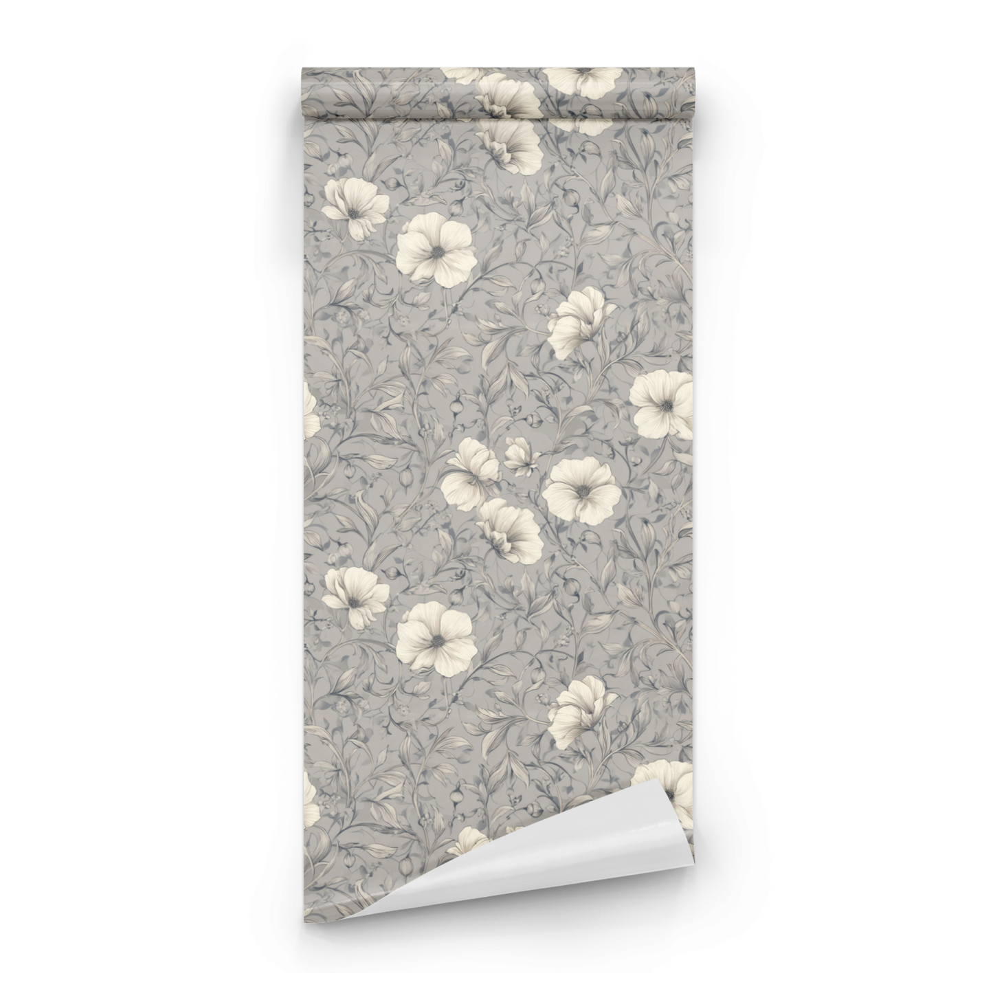 Grey Floral Wallpaper roll preview showing the floral drawing in close silvery grey Arts and Crafts detail