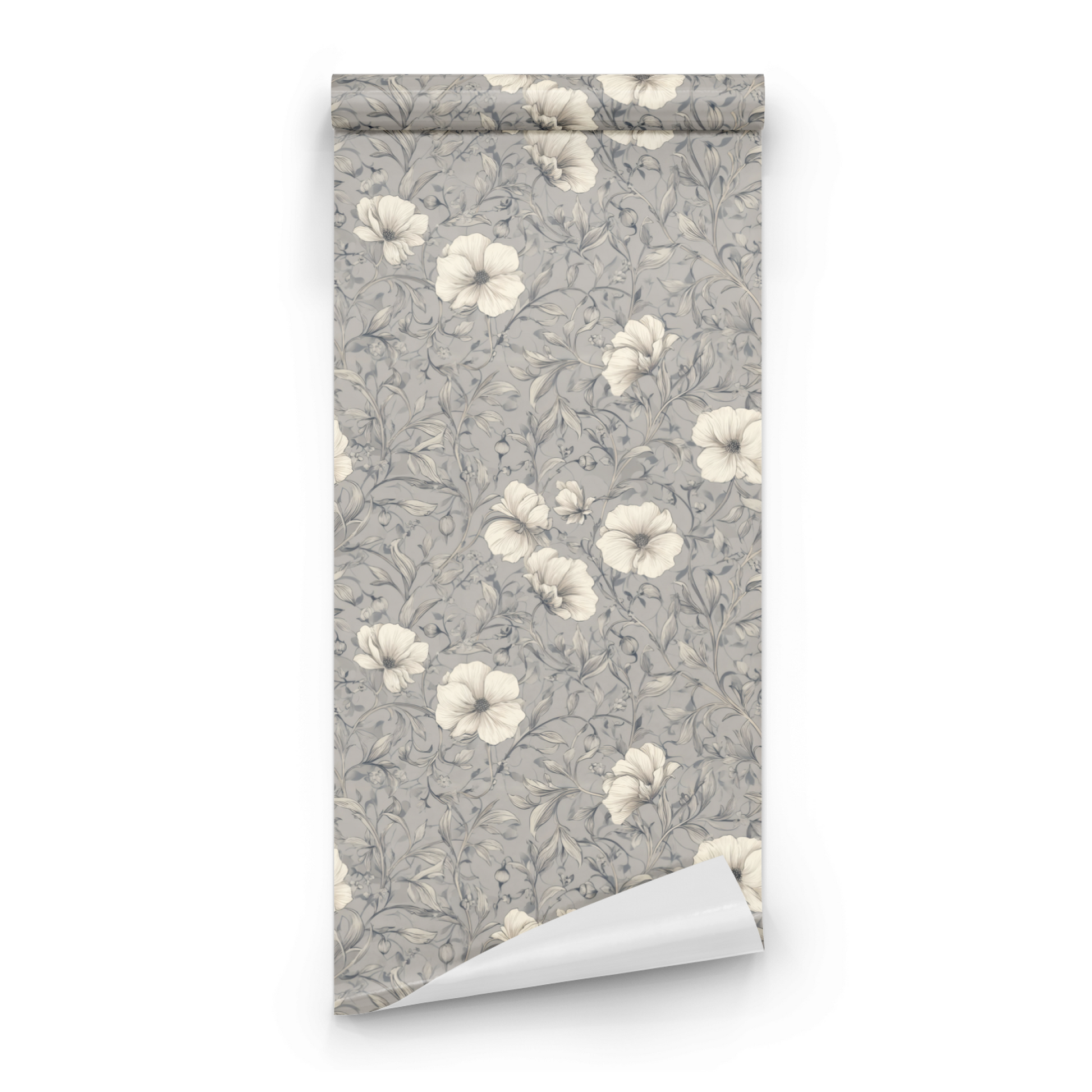 Grey Floral Wallpaper roll preview showing the floral drawing in close silvery grey Arts and Crafts detail