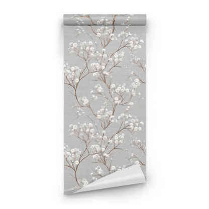 Grey Botanical Wallpaper roll close-up showing the branching drawing in close pearly grey botanical detail