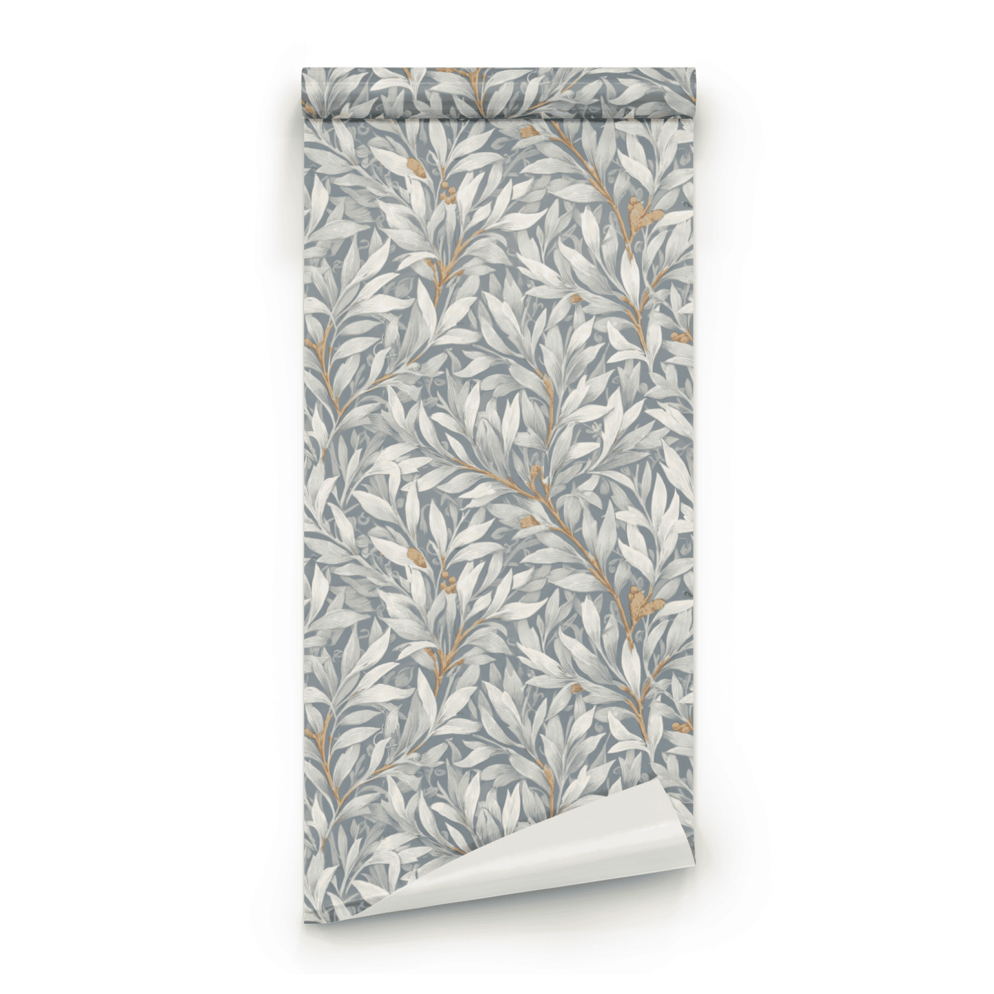 Blue Botanical Wallpaper roll close-up showing the willow leaf drawing in the Arts and Crafts botanical tradition on a soft blue ground