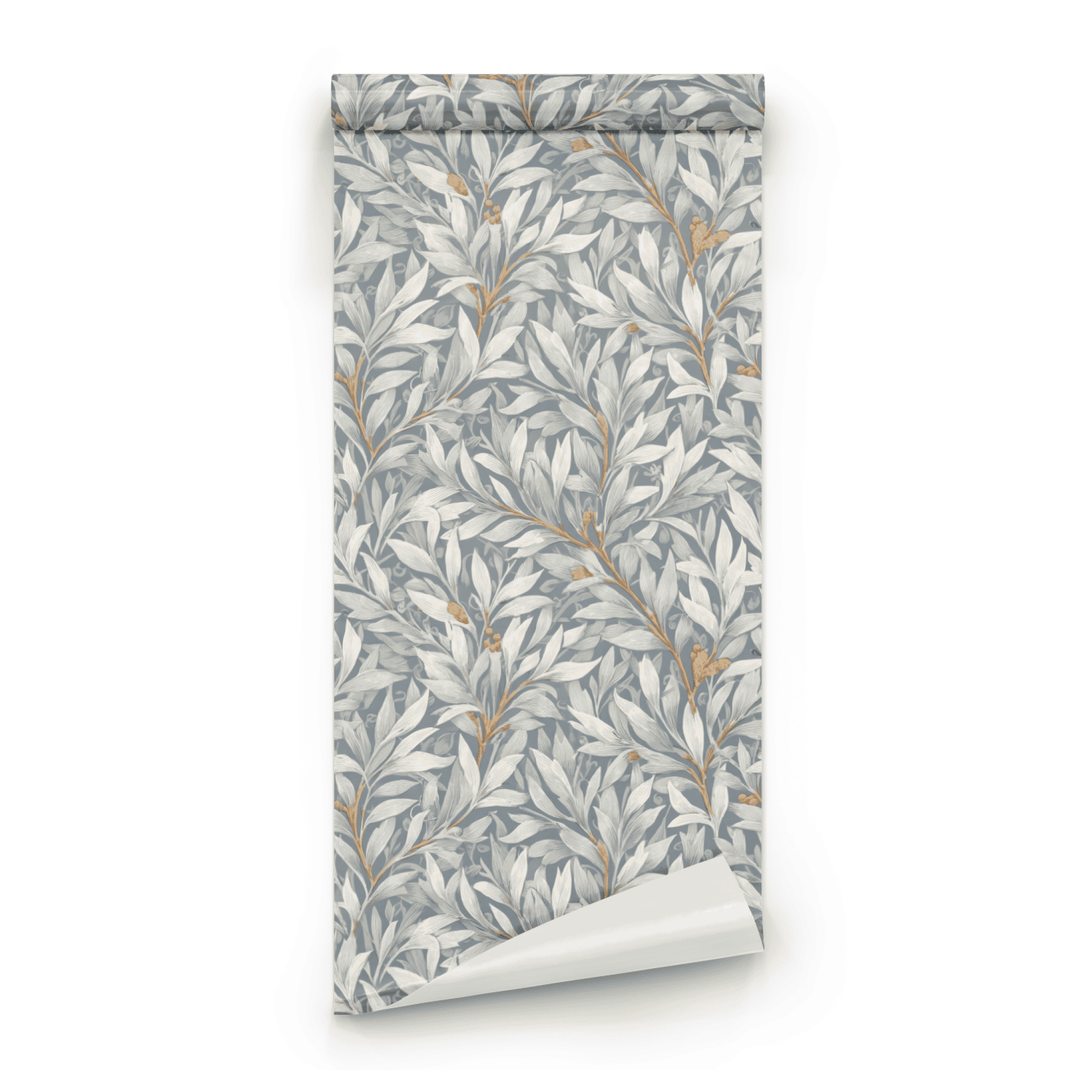 Blue Botanical Wallpaper roll close-up showing the willow leaf drawing in the Arts and Crafts botanical tradition on a soft blue ground