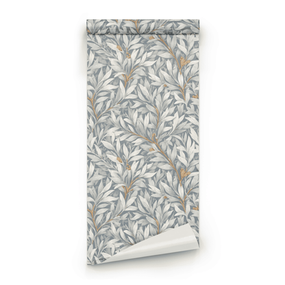 Blue Botanical Wallpaper roll close-up showing the willow leaf drawing in the Arts and Crafts botanical tradition on a soft blue ground