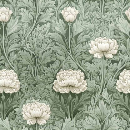 Green wallpaper with intricate peony flower pattern and lush foliage design.