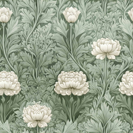 Green wallpaper with intricate peony flower pattern and lush foliage design.