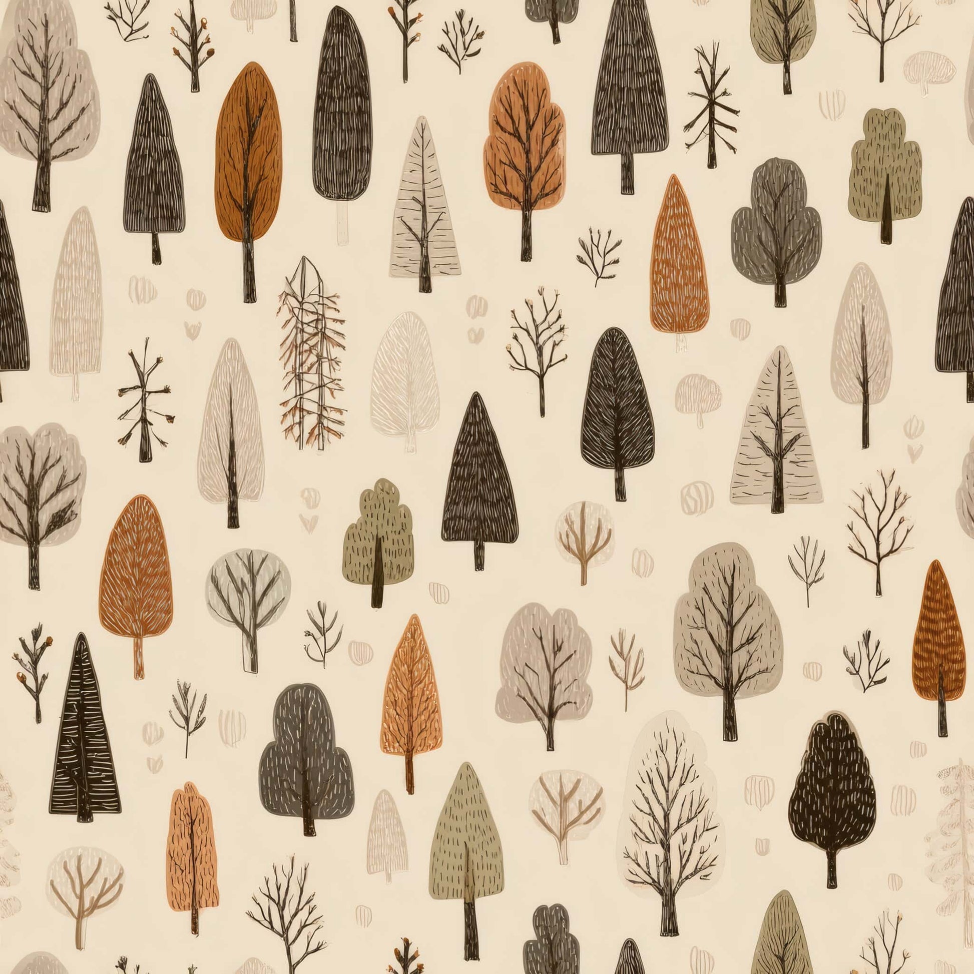 Wallpaper featuring minimalist tree motifs in earthy tones on a neutral background.