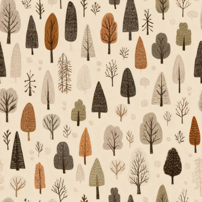 Wallpaper featuring minimalist tree motifs in earthy tones on a neutral background.