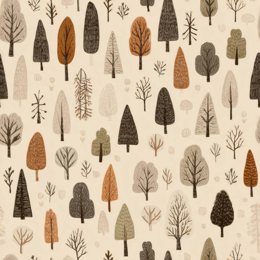 Wallpaper featuring minimalist tree motifs in earthy tones on a neutral background.
