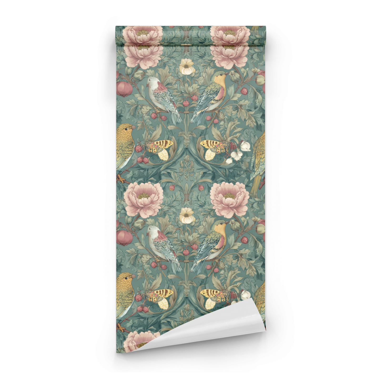 Green Floral Wallpaper roll close-up showing the chinoiserie bird-and-floral drawing in close green detail