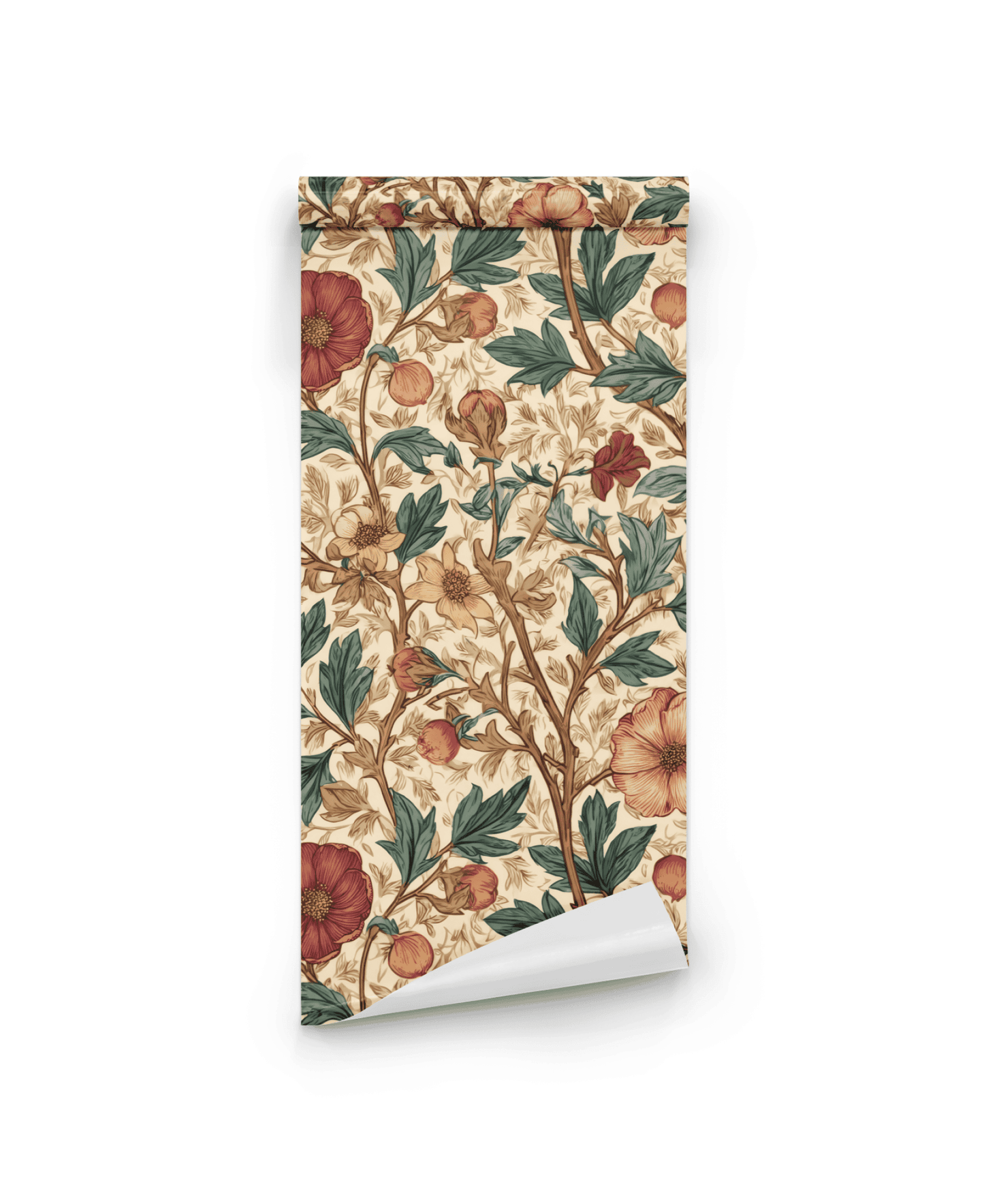 Botanical Harmony Wallpaper features a vintage-inspired design with vibrant red, green, and beige blossoms on a light background.