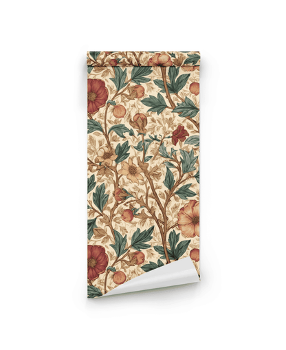 Botanical Harmony Wallpaper features a vintage-inspired design with vibrant red, green, and beige blossoms on a light background.