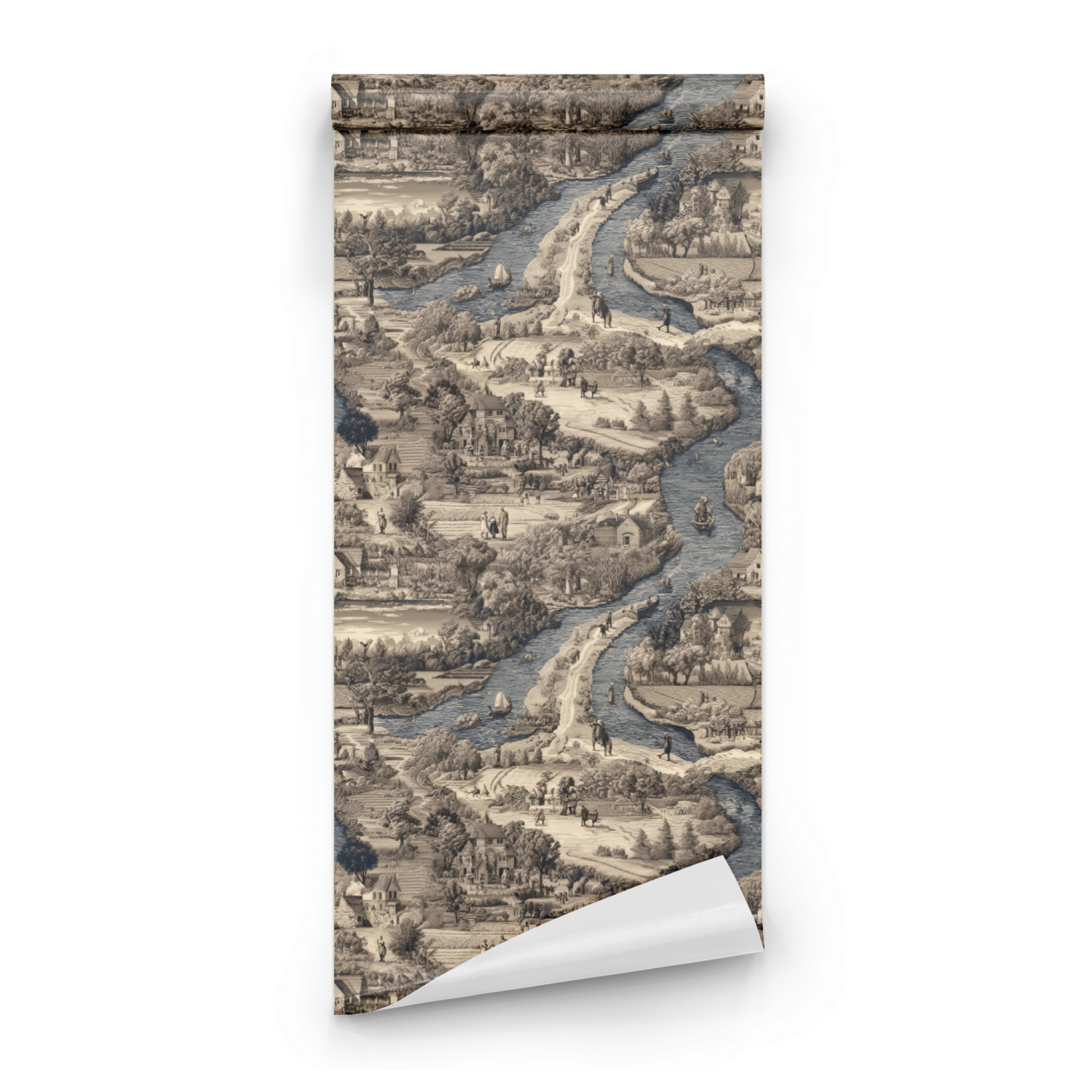 Sepia Pastoral Landscape Scenic Print roll close-up showing the scenic toile drawing in close neutral vintage detail