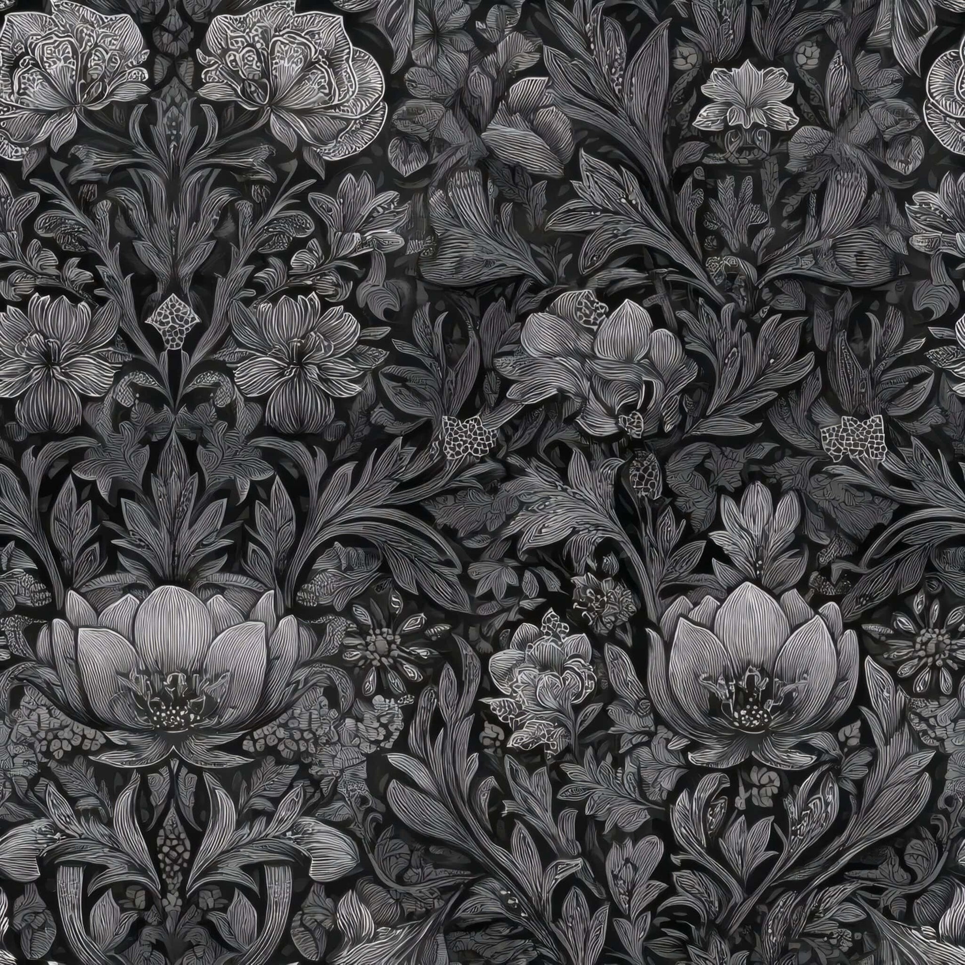 Intricate black and white floral pattern wallpaper with rich botanical elements.