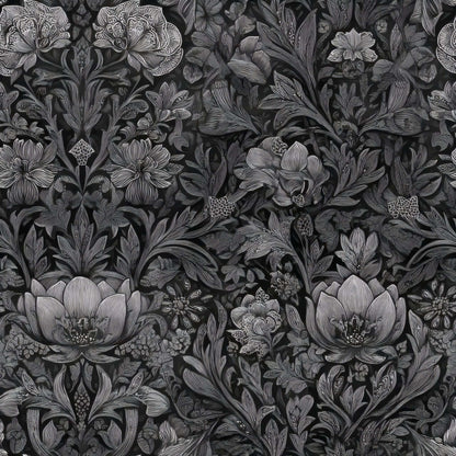 Intricate black and white floral pattern wallpaper with rich botanical elements.