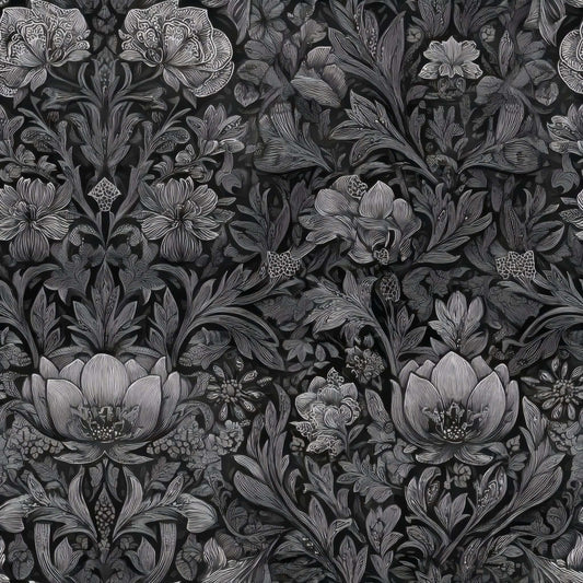 Intricate black and white floral pattern wallpaper with rich botanical elements.