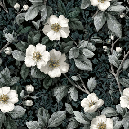Intricate wallpaper pattern with white flowers and green leaves on a dark background.